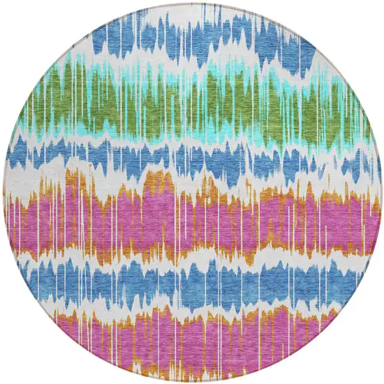 8' White Blue And Pink Round Striped Washable Indoor Outdoor Area Rug Photo 1