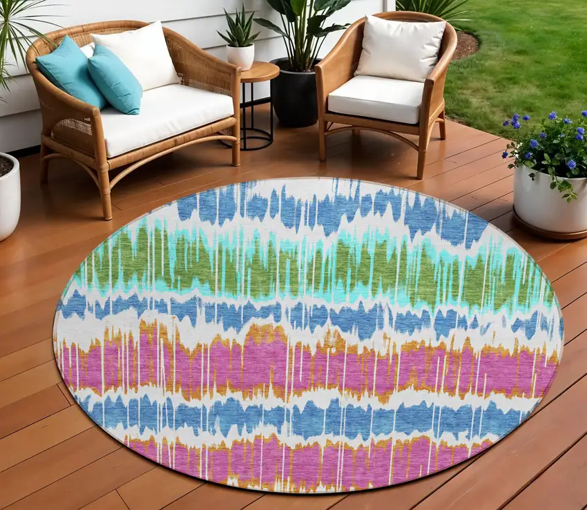 8' White Blue And Pink Round Striped Washable Indoor Outdoor Area Rug Photo 1