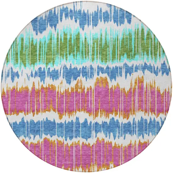 8' White Blue And Pink Round Striped Washable Indoor Outdoor Area Rug Photo 5