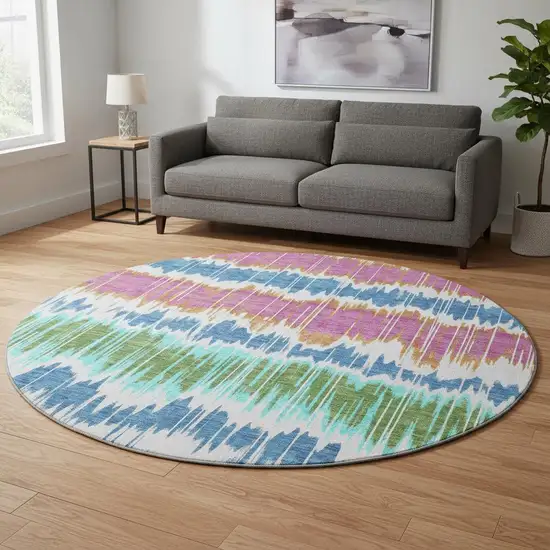 8' White Blue And Purple Striped Washable Round Rug With UV Protection Photo 2