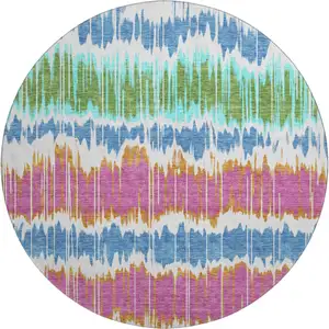 Photo of 8' White Blue And Purple Striped Washable Round Rug With UV Protection