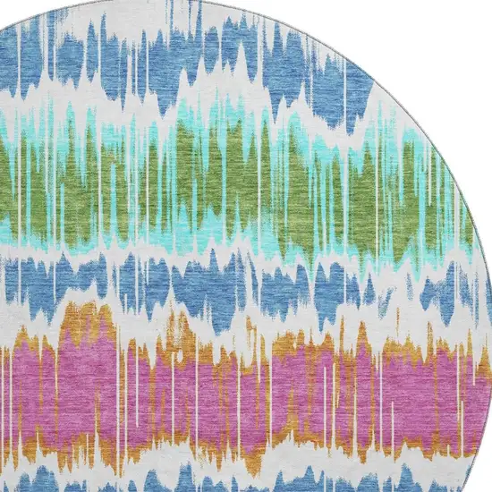 8' White Blue And Purple Striped Washable Round Rug With UV Protection Photo 4