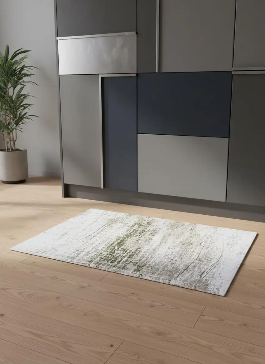 5' White Gray And Green Abstract Washable Round Rug With UV Protection Photo 1