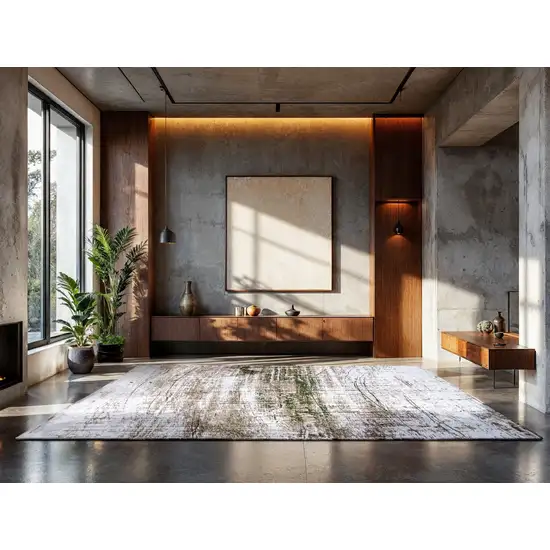 8' White Gray And Green Abstract Washable Round Rug With UV Protection Photo 5