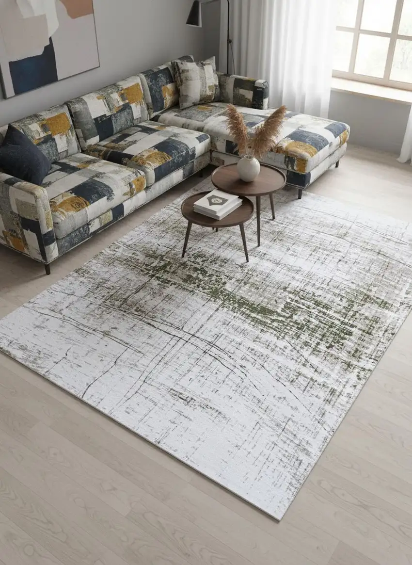 8' White Gray And Green Abstract Washable Round Rug With UV Protection Photo 1