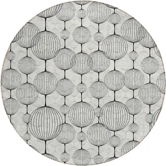 8' White Gray And Silver Round Geometric Washable Indoor Outdoor Area Rug Photo 1