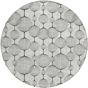 Photo of 8' White Gray And Silver Round Geometric Washable Indoor Outdoor Area Rug
