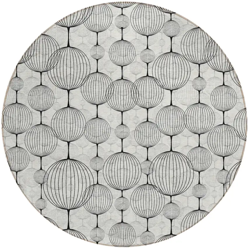 8' White Gray And Silver Round Geometric Washable Indoor Outdoor Area Rug Photo 1