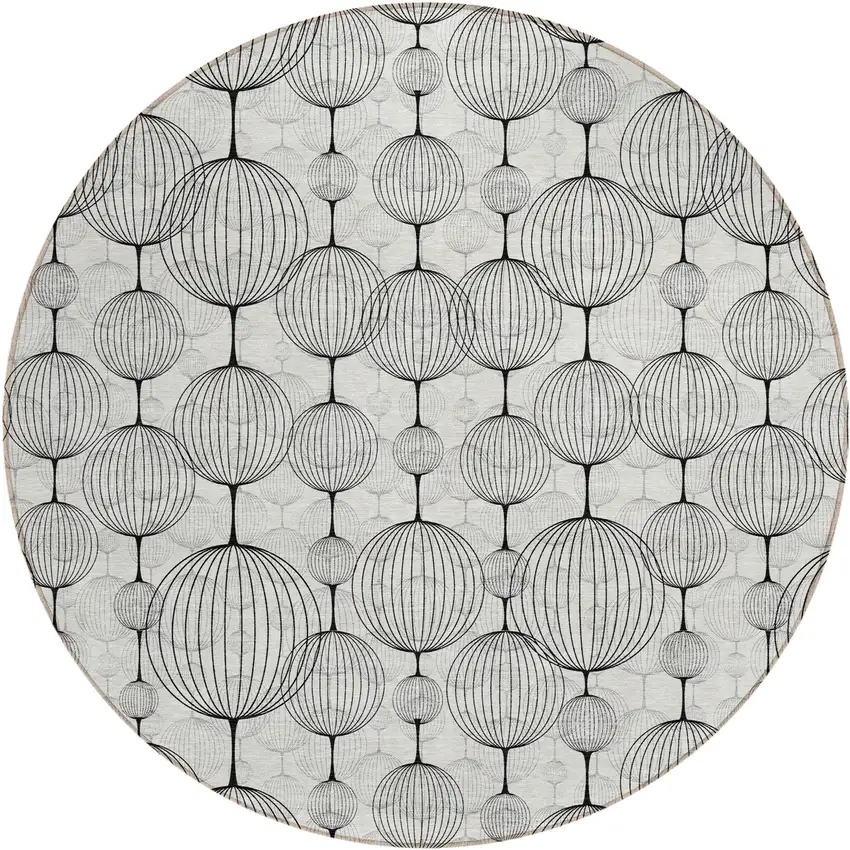 8' White Gray And Silver Round Geometric Washable Indoor Outdoor Area Rug Photo 1
