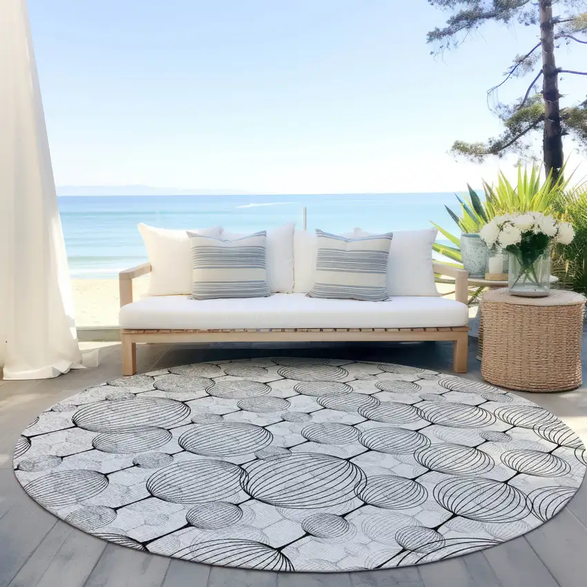 8' White Gray And Silver Round Geometric Washable Indoor Outdoor Area Rug Photo 6