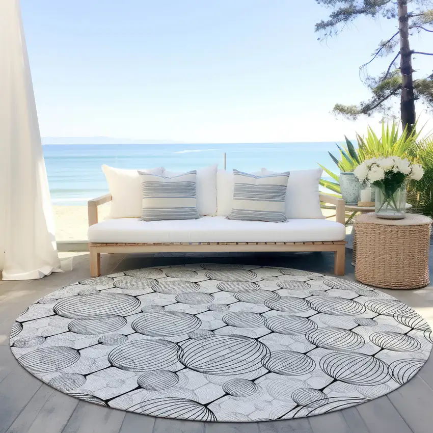 8' White Gray And Silver Round Geometric Washable Indoor Outdoor Area Rug Photo 6