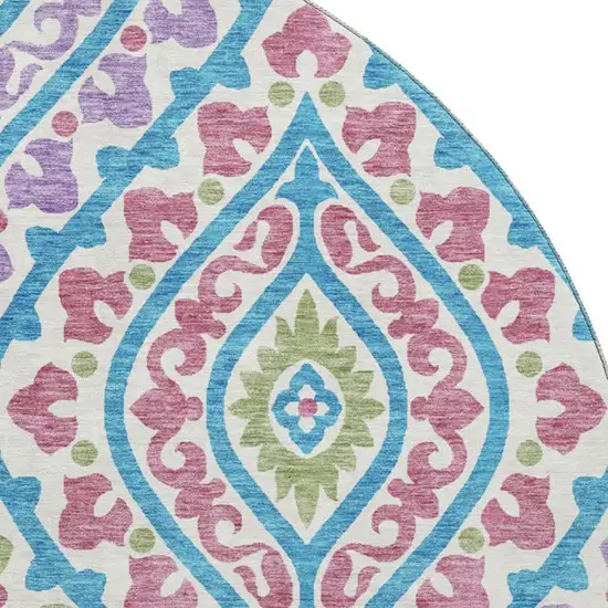 8' White Green And Purple Diamond Washable Round Rug With UV Protection Photo 3