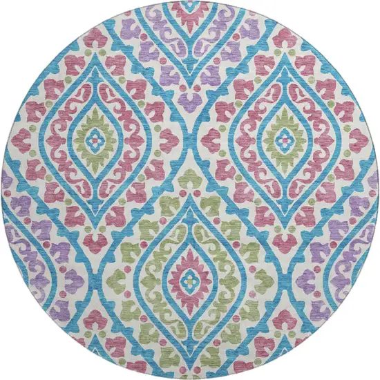 8' White Green And Purple Diamond Washable Round Rug With UV Protection Photo 1
