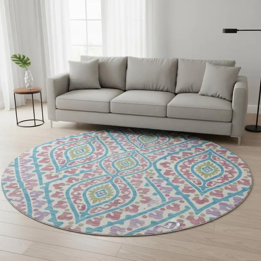 8' White Green And Purple Diamond Washable Round Rug With UV Protection Photo 2