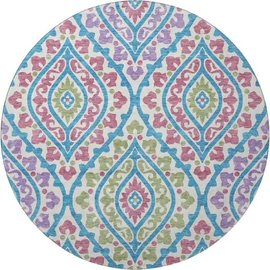 8' White Green And Purple Diamond Washable Round Rug With UV Protection Photo 4
