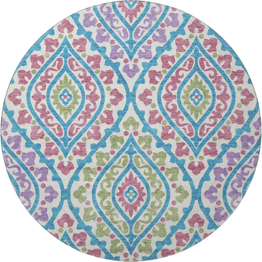 8' White Green And Purple Diamond Washable Round Rug With UV Protection Photo 4