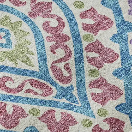 8' White Green And Purple Diamond Washable Round Rug With UV Protection Photo 9