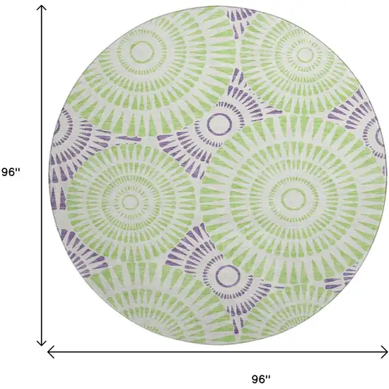 8' White Green And Purple Geometric Washable Round Rug With UV Protection Photo 9