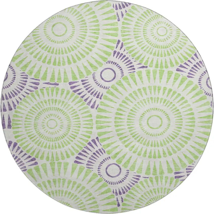 8' White Green And Purple Geometric Washable Round Rug With UV Protection Photo 1