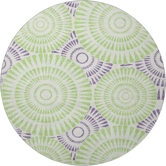 8' White Green And Purple Geometric Washable Round Rug With UV Protection Photo 3