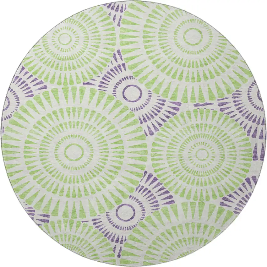 8' White Green And Purple Geometric Washable Round Rug With UV Protection Photo 3