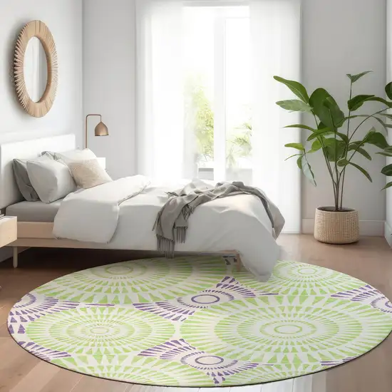 8' White Green And Purple Geometric Washable Round Rug With UV Protection Photo 4