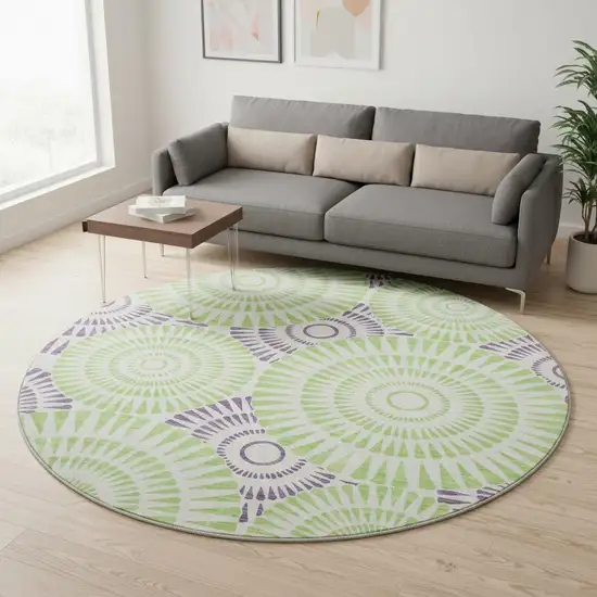 8' White Green And Purple Geometric Washable Round Rug With UV Protection Photo 2