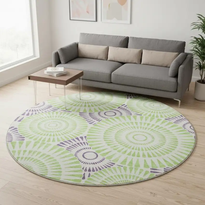 8' White Green And Purple Geometric Washable Round Rug With UV Protection Photo 2