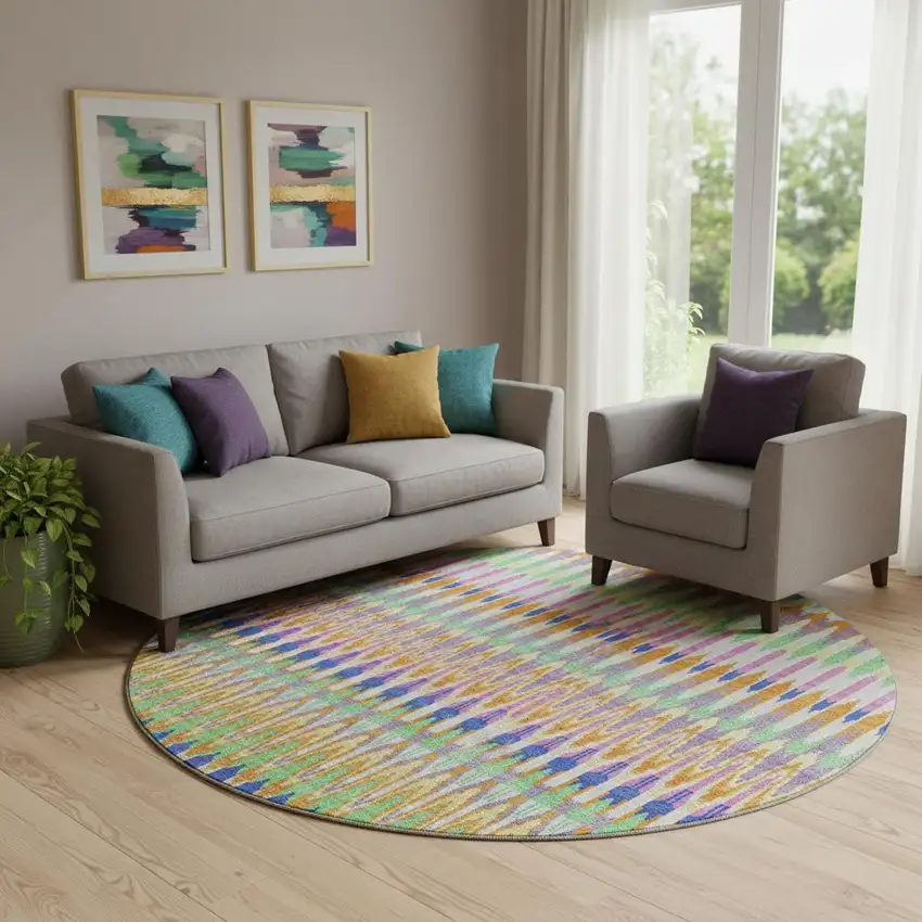 8' White Green And Purple Southwestern Washable Round Rug With UV Protection Photo 1