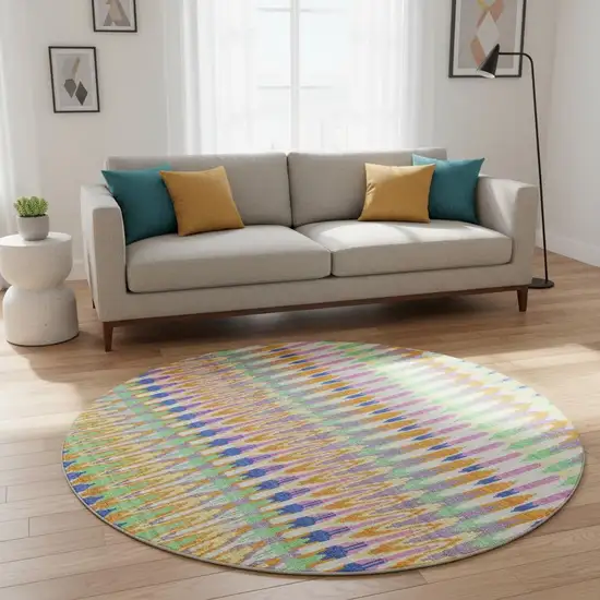 8' White Green And Purple Southwestern Washable Round Rug With UV Protection Photo 2