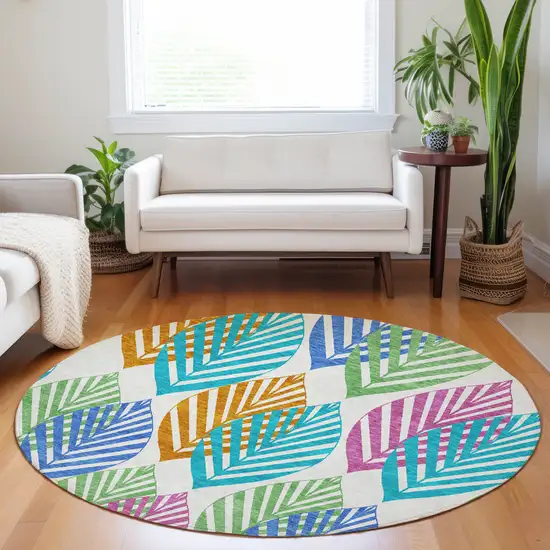 8' White Orange And Blue Floral Washable Round Rug With UV Protection Photo 5