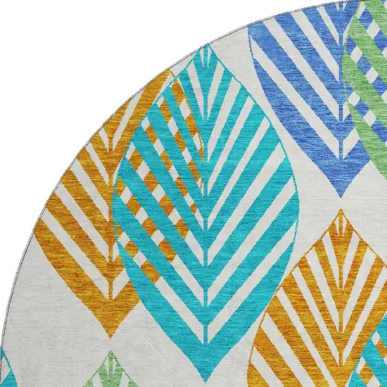 8' White Orange And Blue Floral Washable Round Rug With UV Protection Photo 4