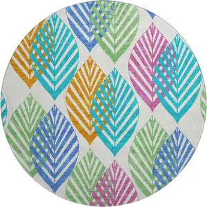 Photo of 8' White Orange And Blue Floral Washable Round Rug With UV Protection