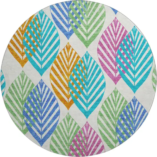 8' White Orange And Blue Floral Washable Round Rug With UV Protection Photo 1