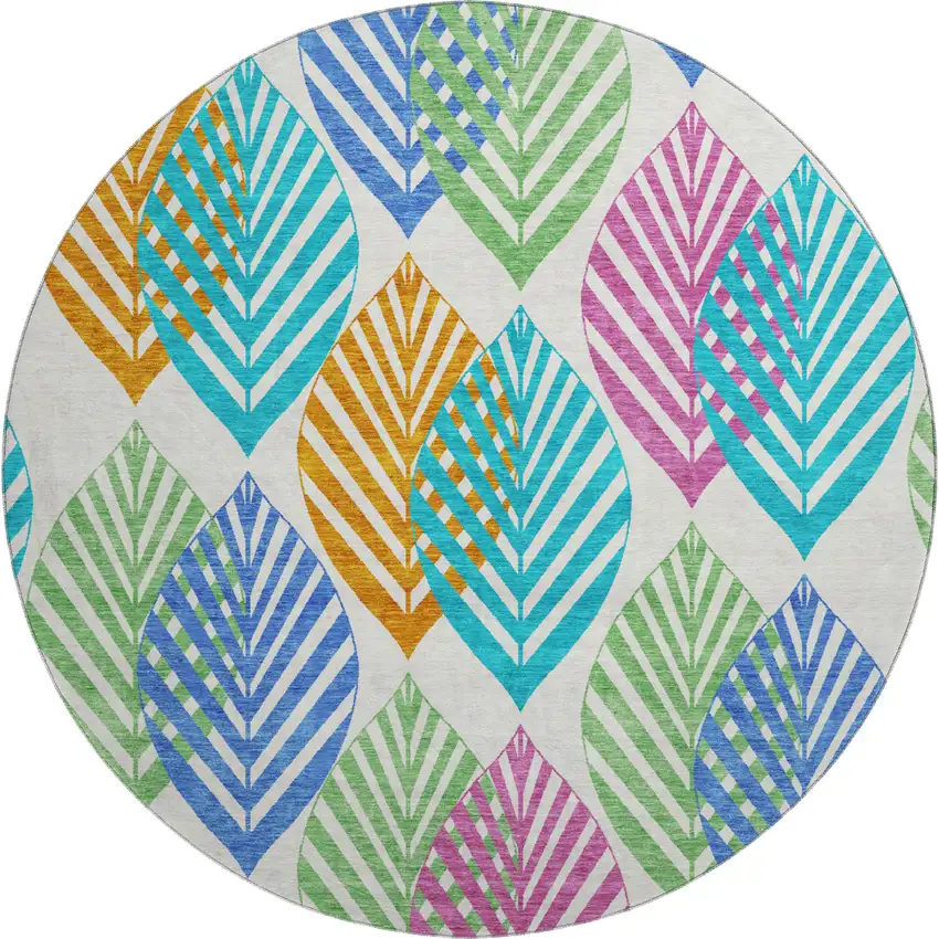 8' White Orange And Blue Floral Washable Round Rug With UV Protection Photo 1