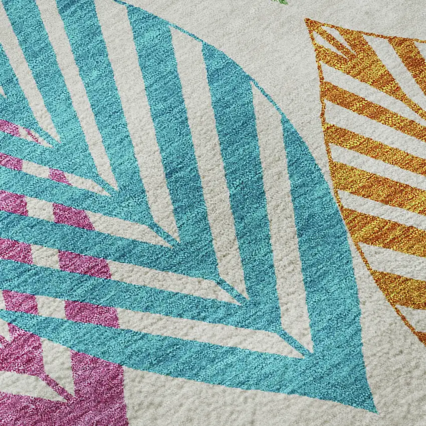 8' White Orange And Blue Floral Washable Round Rug With UV Protection Photo 9