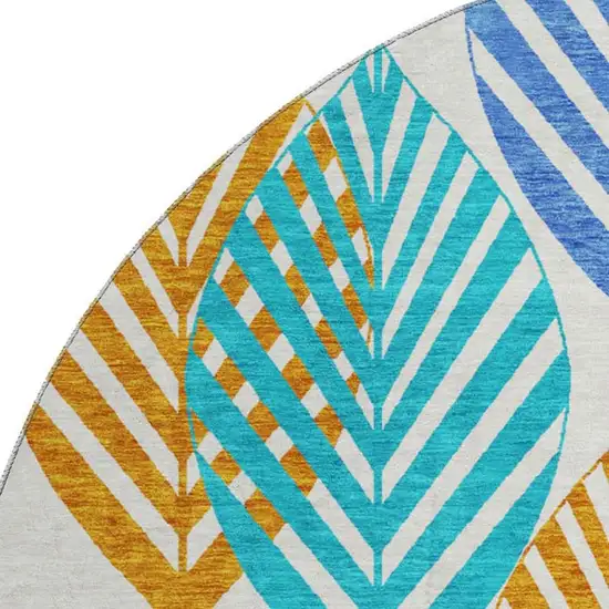 8' White Orange And Blue Floral Washable Round Rug With UV Protection Photo 3