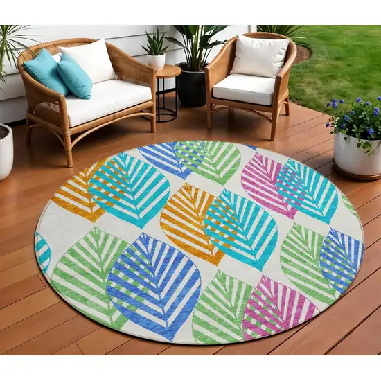 8' White Orange And Blue Round Floral Washable Indoor Outdoor Area Rug Photo 1