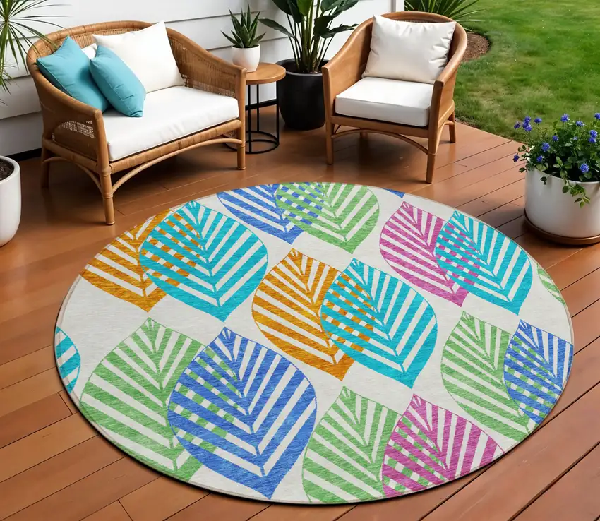 8' White Orange And Blue Round Floral Washable Indoor Outdoor Area Rug Photo 1
