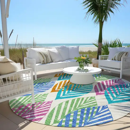 8' White Orange And Blue Round Floral Washable Indoor Outdoor Area Rug Photo 7