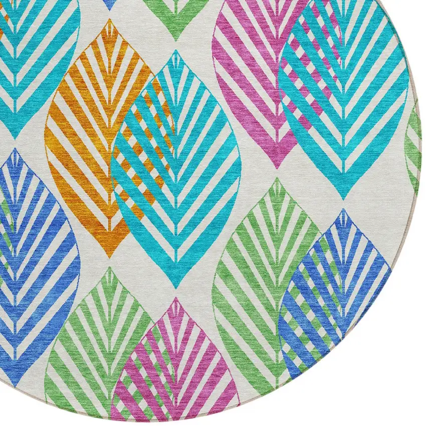 8' White Orange And Blue Round Floral Washable Indoor Outdoor Area Rug Photo 4