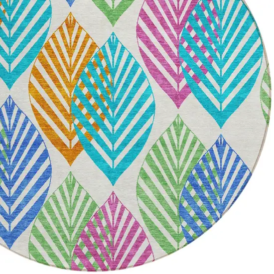 8' White Orange And Blue Round Floral Washable Indoor Outdoor Area Rug Photo 4
