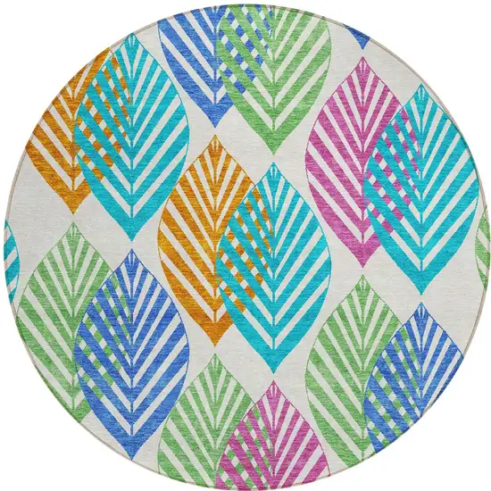 8' White Orange And Blue Round Floral Washable Indoor Outdoor Area Rug Photo 5