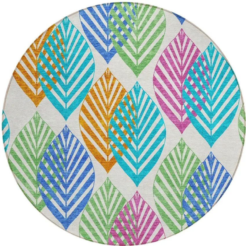 8' White Orange And Blue Round Floral Washable Indoor Outdoor Area Rug Photo 5