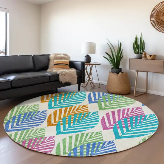 8' White Orange And Blue Round Floral Washable Indoor Outdoor Area Rug Photo 8