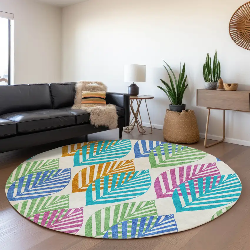 8' White Orange And Blue Round Floral Washable Indoor Outdoor Area Rug Photo 8