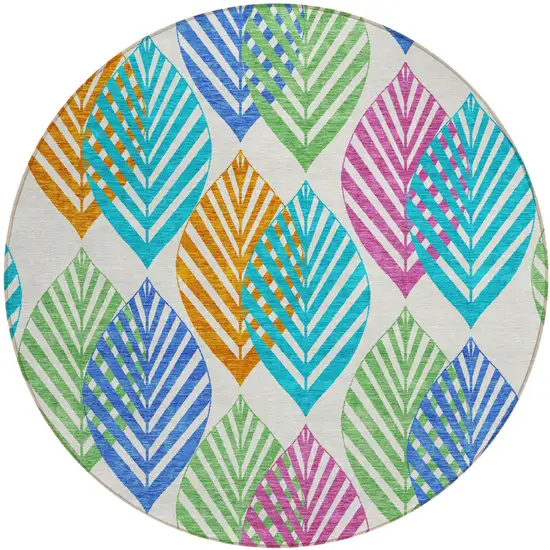 8' White Orange And Blue Round Floral Washable Indoor Outdoor Area Rug Photo 1