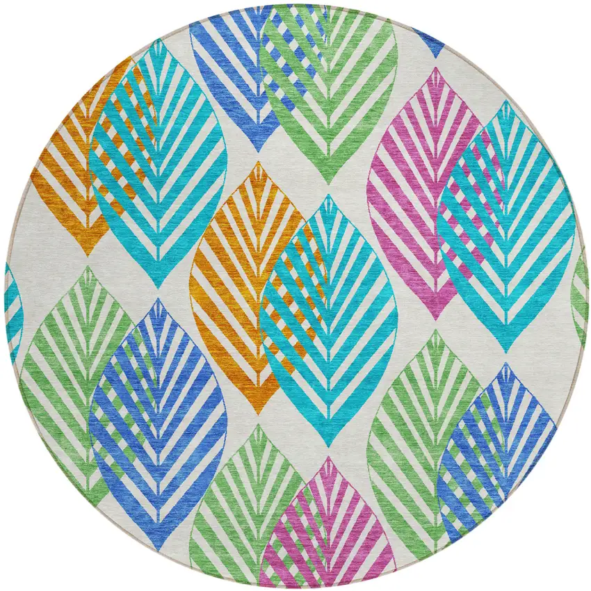 8' White Orange And Blue Round Floral Washable Indoor Outdoor Area Rug Photo 1