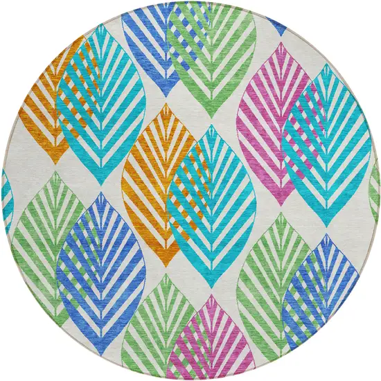 8' White Orange And Blue Round Floral Washable Indoor Outdoor Area Rug Photo 1