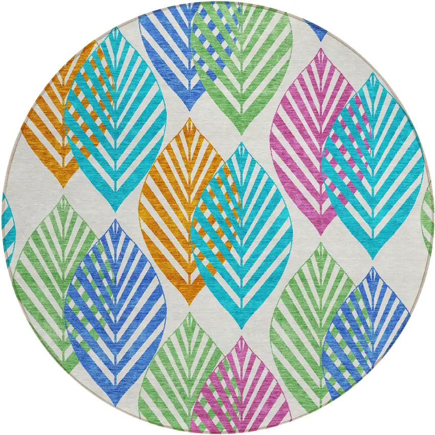 8' White Orange And Blue Round Floral Washable Indoor Outdoor Area Rug Photo 1